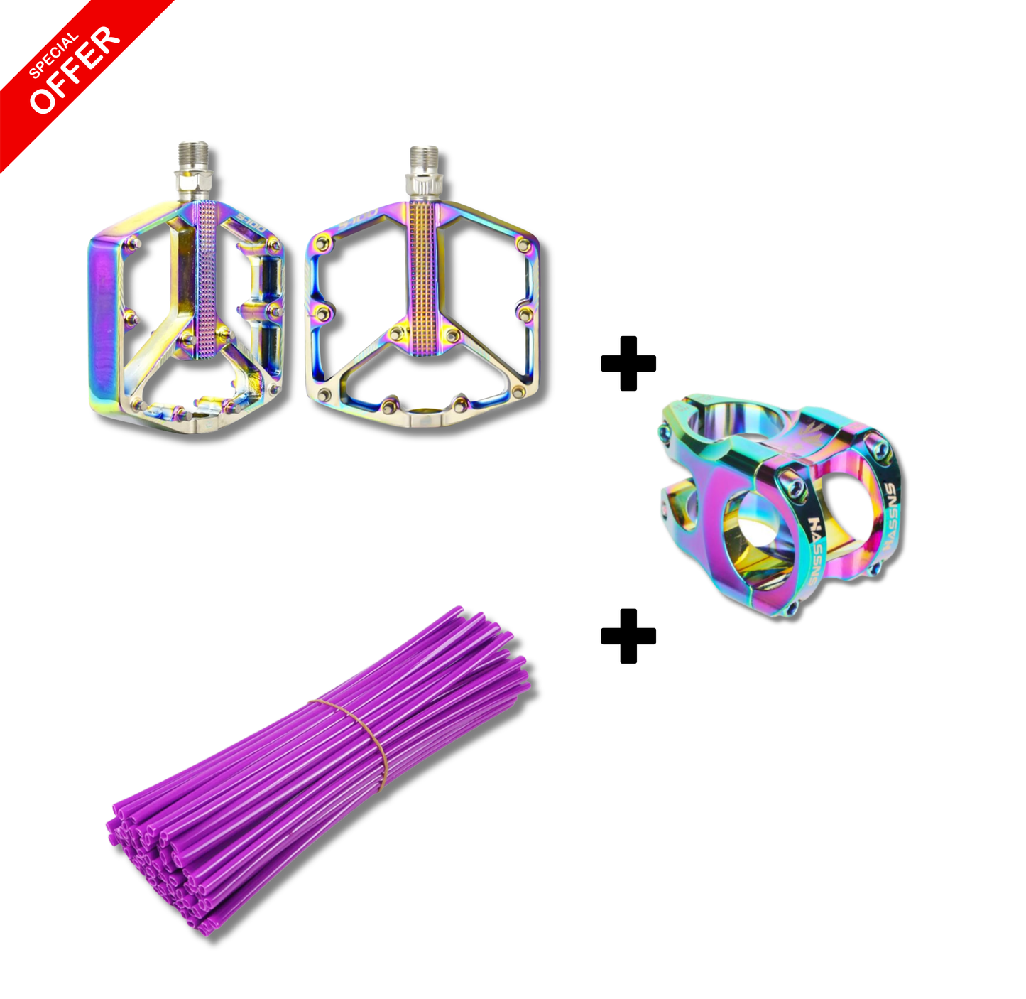 Pédales rainbow + Potence HASSNS rainbow + Protection des rayons (rose ou violet)