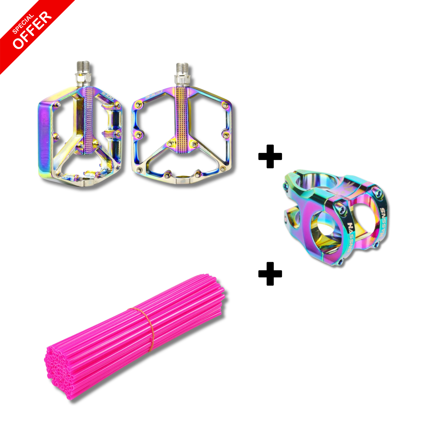 Pédales rainbow + Potence HASSNS rainbow + Protection des rayons (rose ou violet)