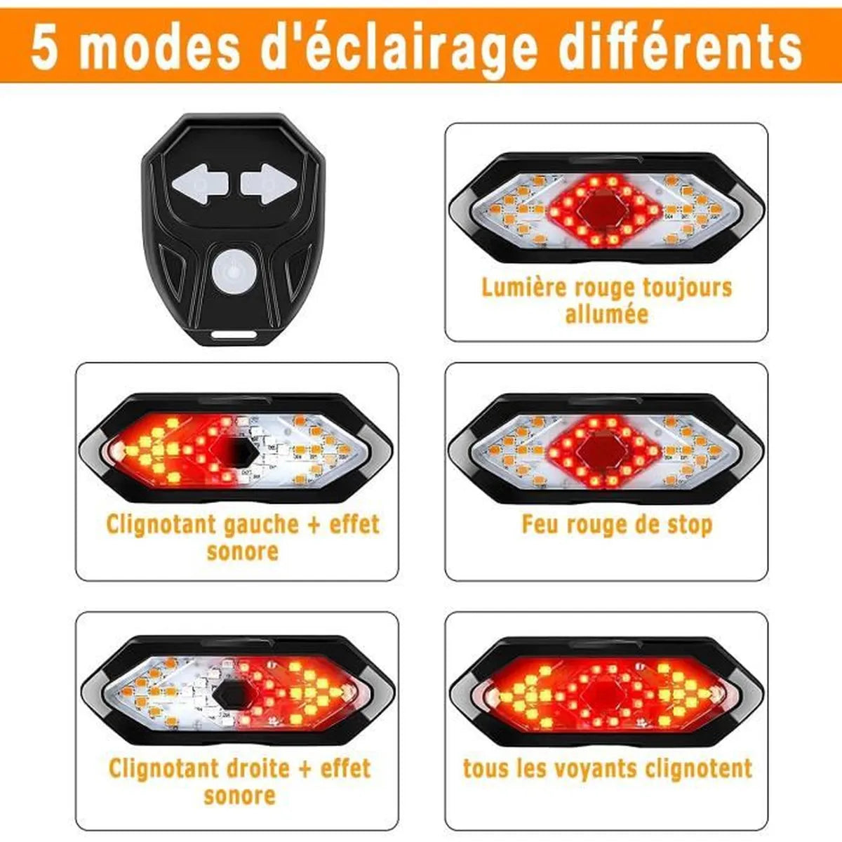 Feu arrière + signal rechargeable USB avec télécommande